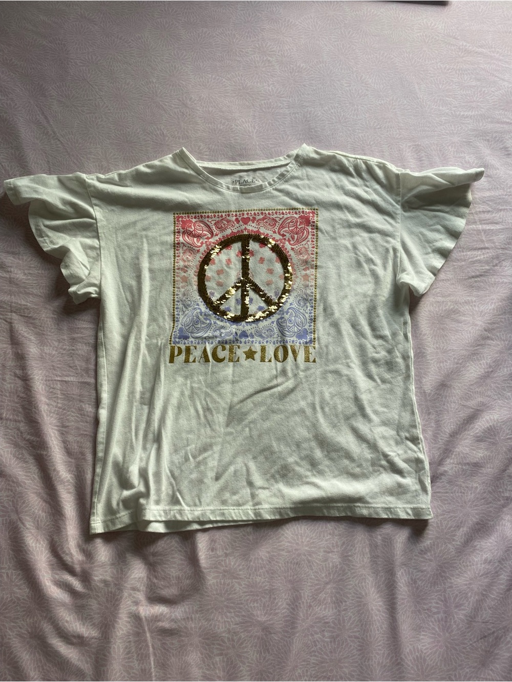 Place White Tee with Gold Sequin Peace Sign and Red & Blue Bandana Print